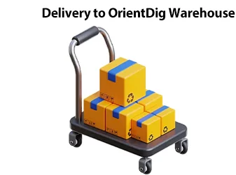 First panel of the official three-part illustration, headed Delivery to OrientDig Warehouse: a black flat trolley with a tall curved handle and four wheels carrying a stacked pyramid of yellow-orange cartons sealed with blue tape, several of them printed with recycling and fragile marks.