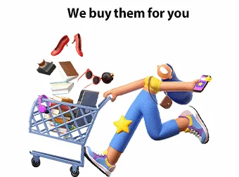 A three-dimensional cartoon shopper in a yellow top and blue trousers running while pushing a blue wire trolley loaded with goods, a phone in one hand, with a laptop, bags, books, sunglasses and a pair of red high heels floating in the air around them. Titled We buy them for you.
