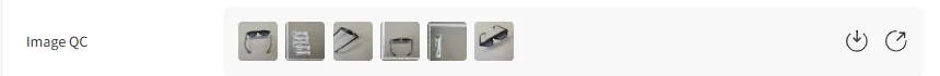 One order row on the warehouse page: a label reading Image QC at the left, six small inspection photographs in the middle, the last of them clearly a pair of sunglasses, and a download icon and an enlarge icon at the far right.