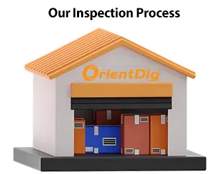 Close-up of the middle panel of the official illustration: the heading Our Inspection Process above an orange-roofed building marked OrientDig, its roller shutter up and crates visible in the opening.