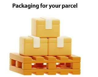Final panel of the official three-part illustration, headed Packaging for your parcel: five cream-coloured cartons stacked in a pyramid on orange plastic pallets, each carton held by a single white strap running round it.