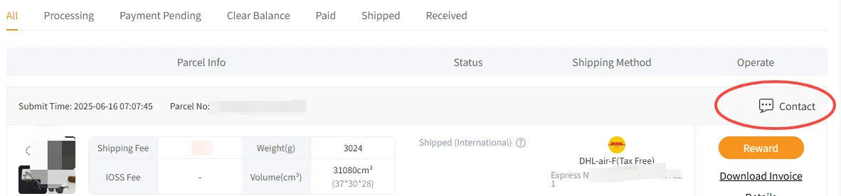 The parcels page of the official account area. A filter strip across the top lists All, Processing, Payment Pending, Clear Balance, Paid, Shipped and Received. Below it one parcel row under the headings Parcel Info, Status, Shipping Method and Operate: submitted 2025-06-16, weight 3024 grams, volume 31080 cubic centimetres given as 37 by 30 by 28, status Shipped International, carrier DHL-air-F Tax Free. In the Operate column sit a Reward button, a Download Invoice link, a Details link, and Contact, which is circled in red.